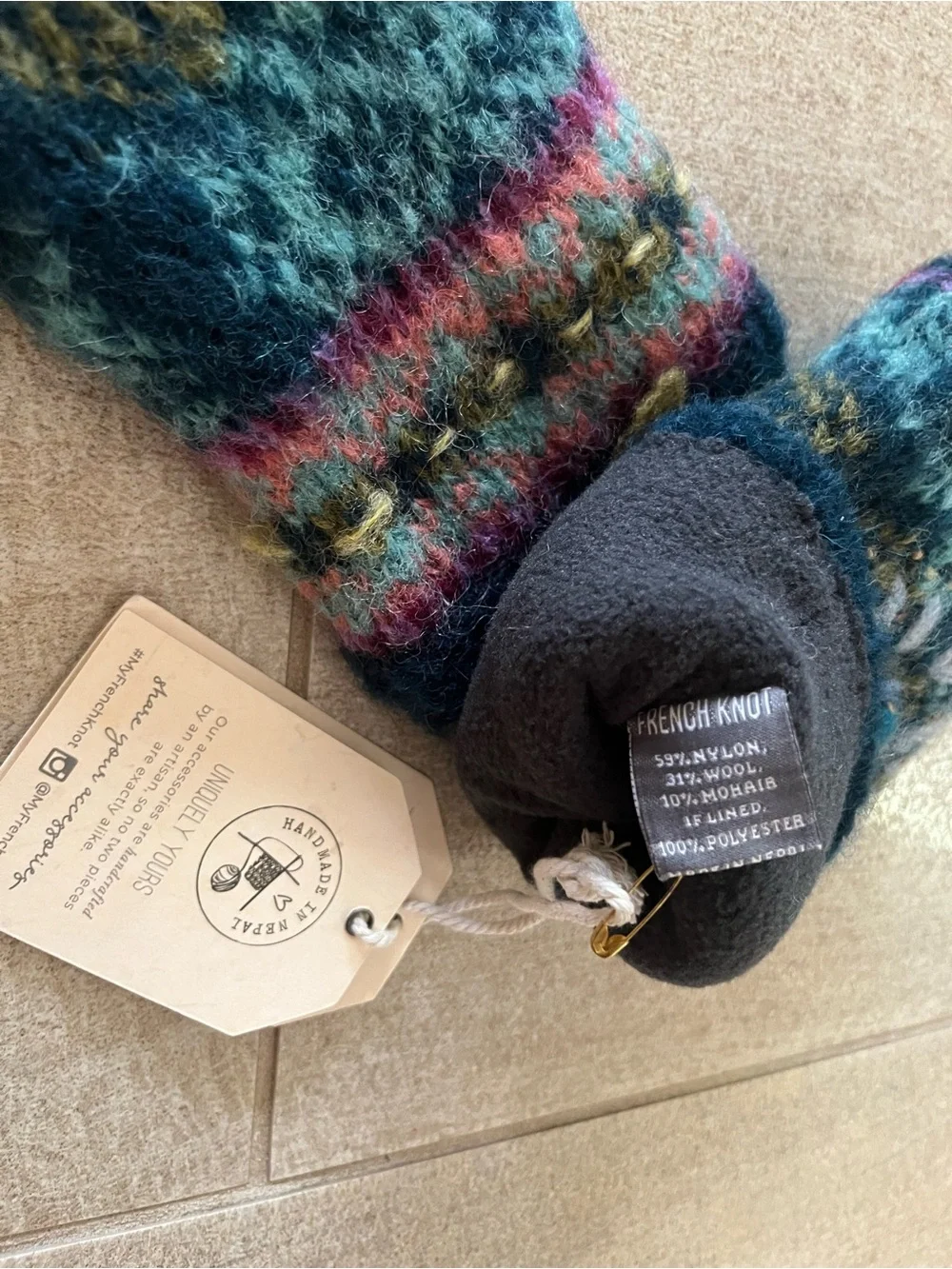 Handmade Teal Floral Knit Fingerless Gloves